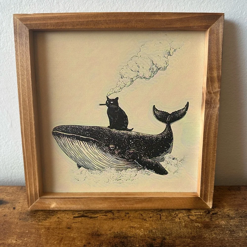 Framed Cat Smoking on a Whale Wooden Art Wall Decor 8x8